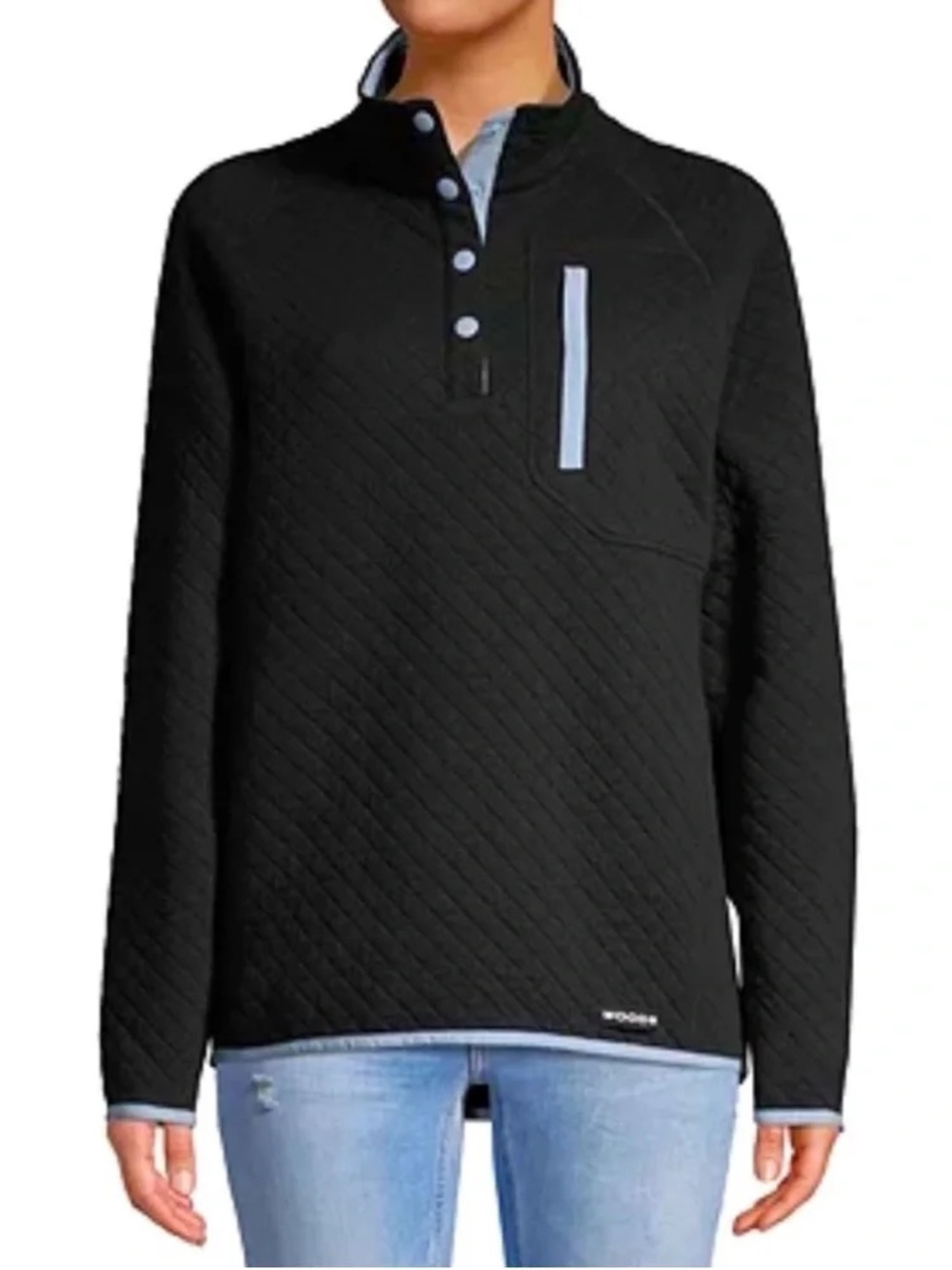 Woods XS Farnham Quilted Cotton Pullover black blue half button long sleeve cozy